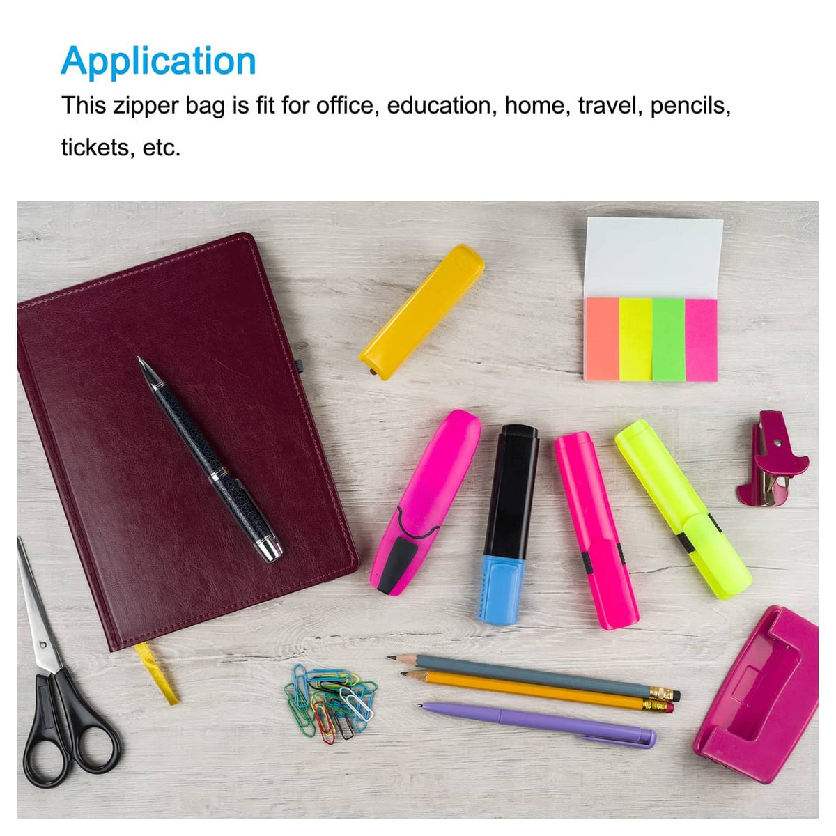 Desk with stationery items; zipper mesh pouch not visible