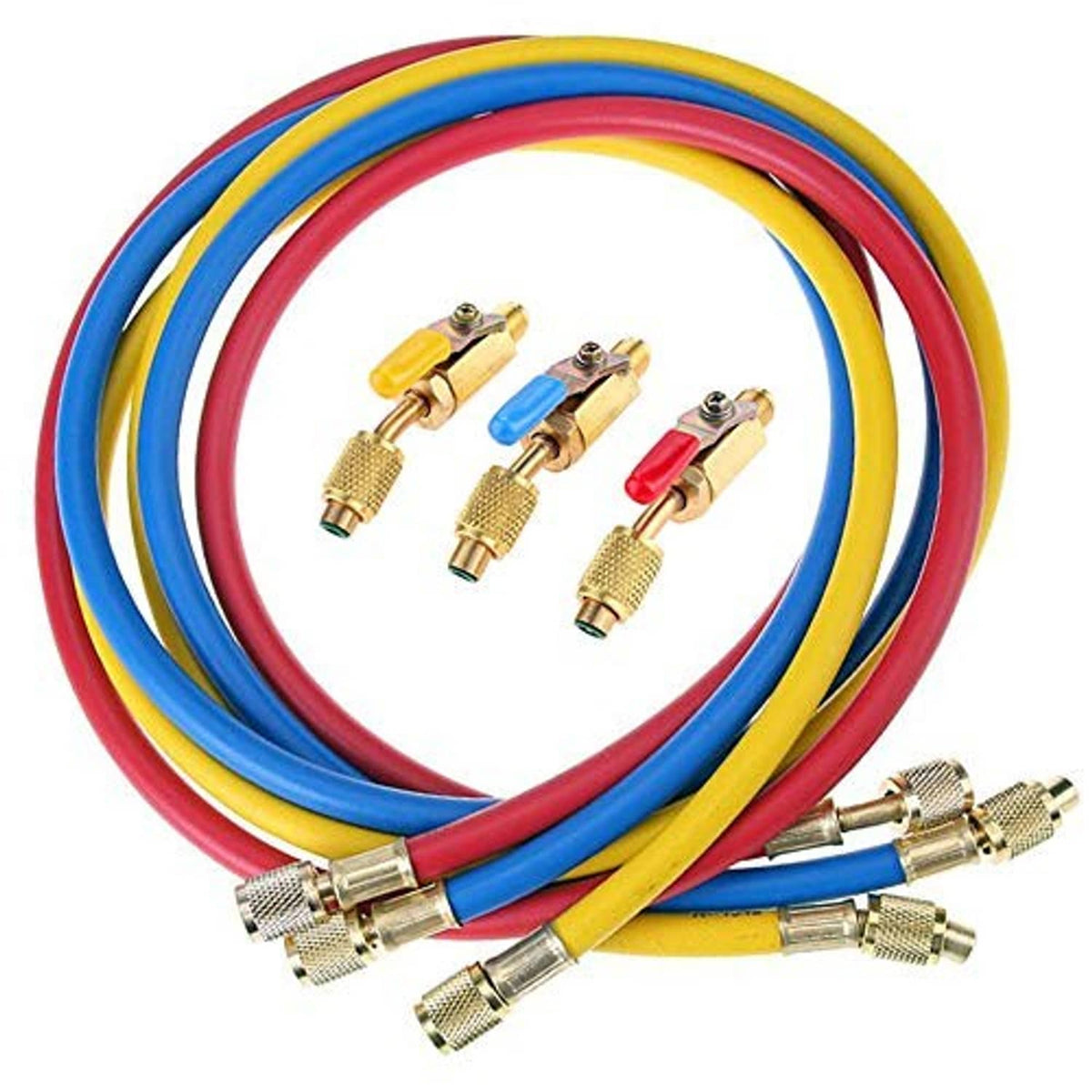 Coiled refrigerant charging hoses with brass quick-connect fittings and small ball valve ends