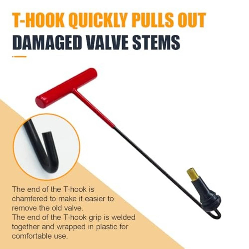 Tire valve core tool with red T-handle, black rod, and silver metal remover