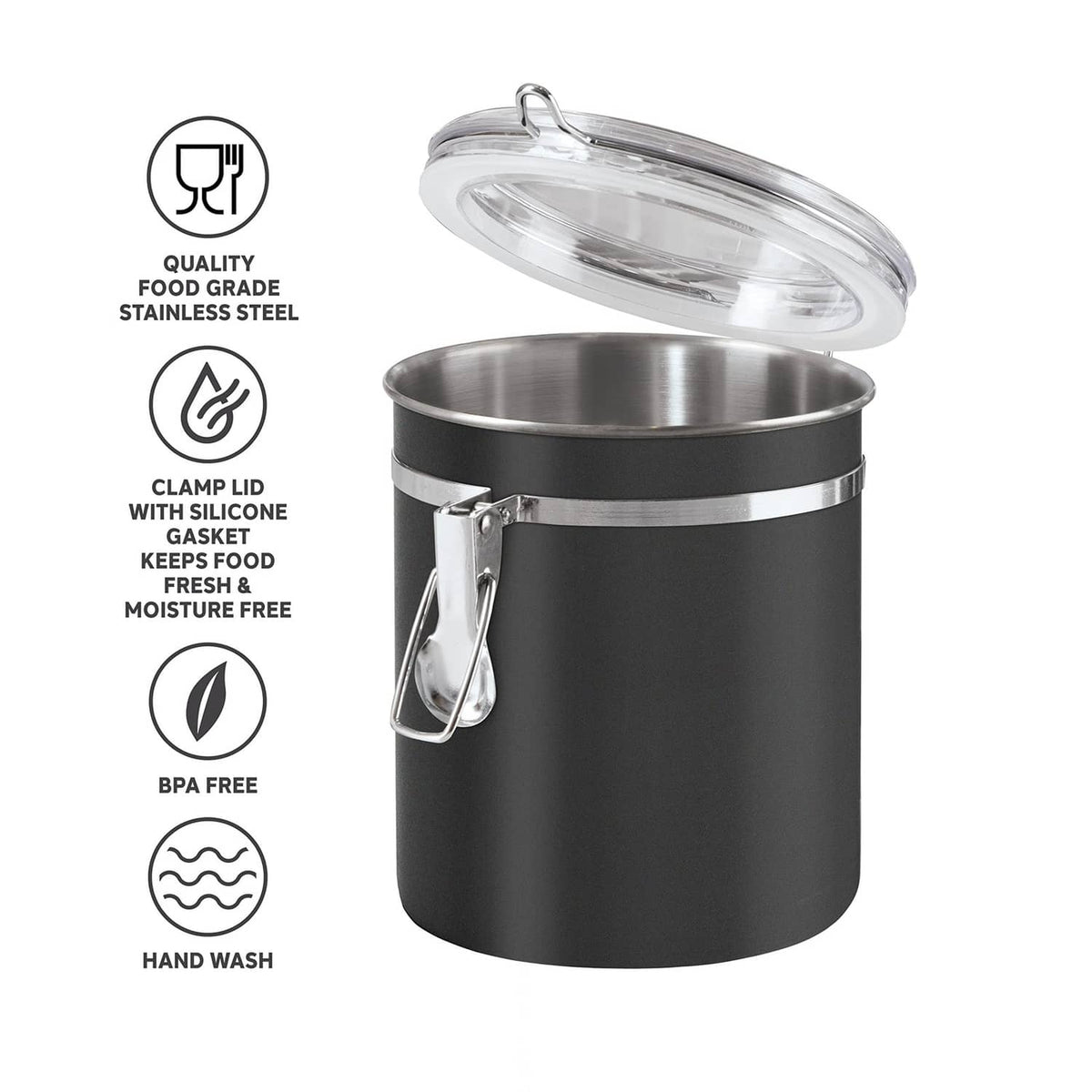 Black stainless steel airtight food container with clear lid open and clamp latch