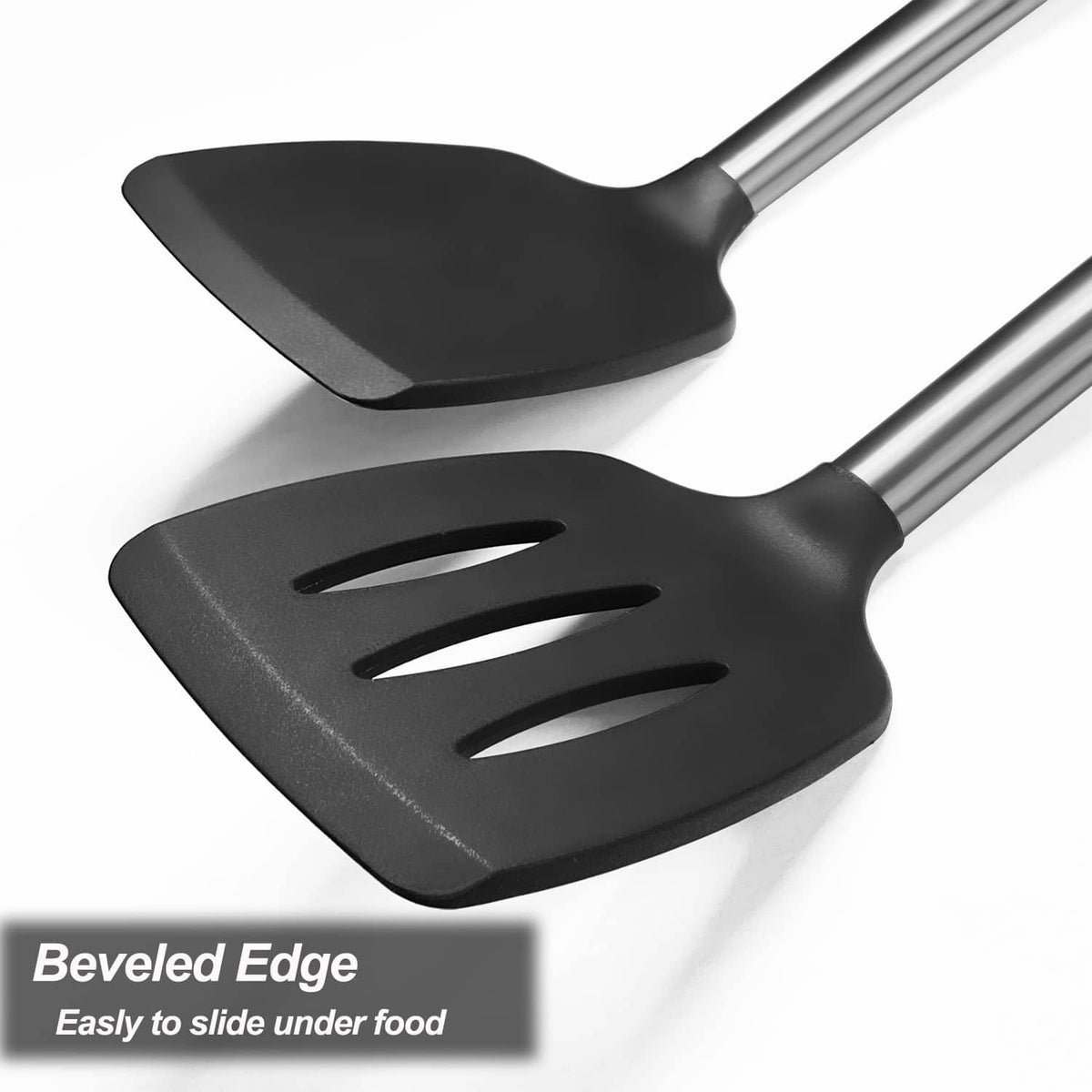 2-pack black silicone spatulas: one solid turner and one slotted turner