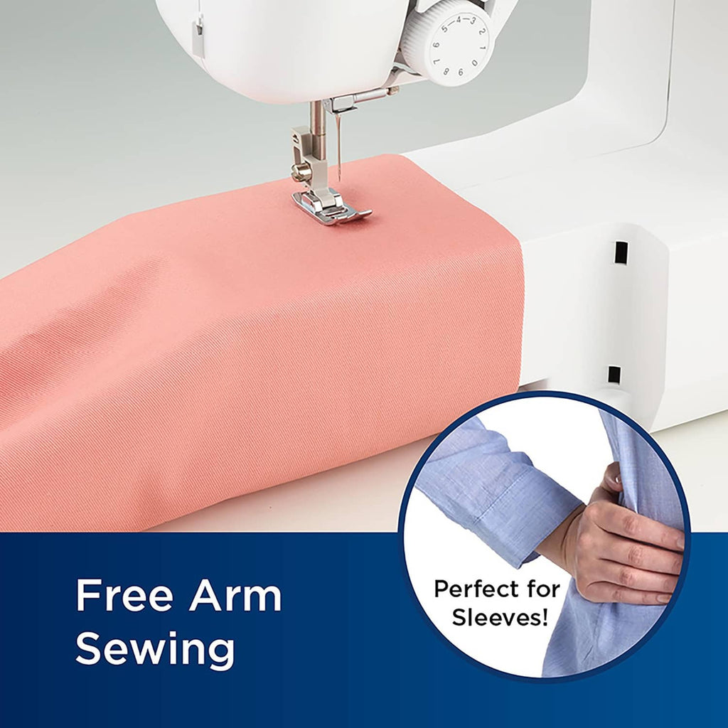 Sewing machine presser foot stitching on fabric with an exposed free-arm area
