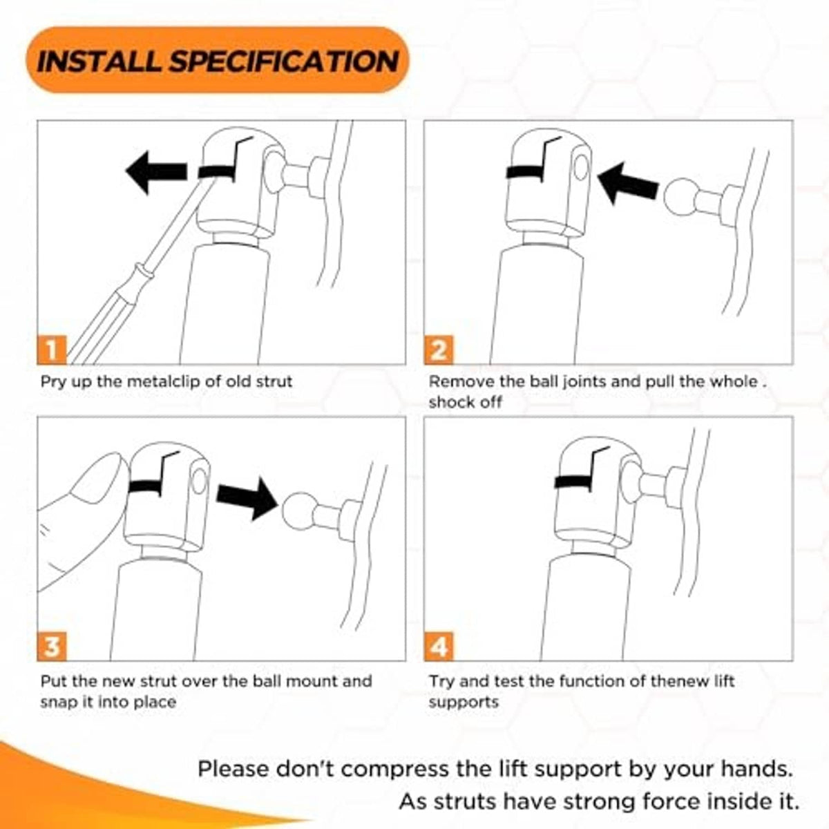 Hood lift support installation steps showing ball joint and snap-in mount