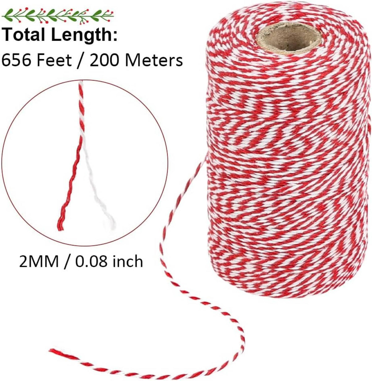 Red and white cotton twine spool with thin twisted strands and loose length