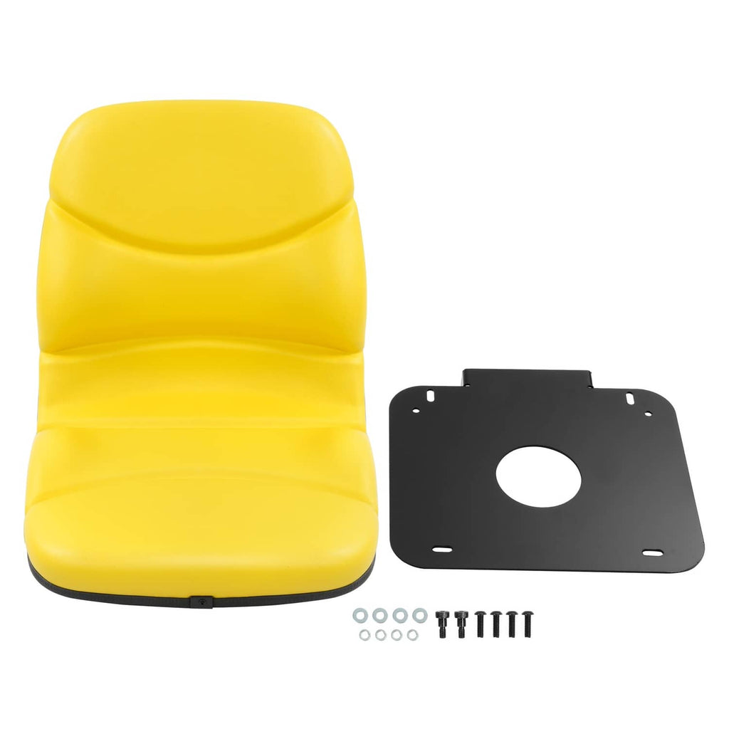 Yellow tractor seat with black mounting plate, bolts, and washers included