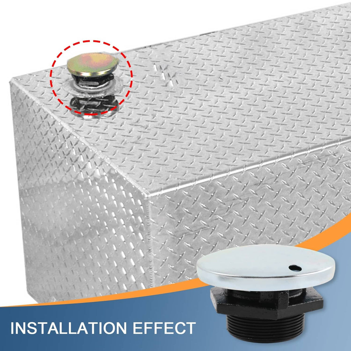 Vented fuel tank cap with round metal cover on threaded black outlet