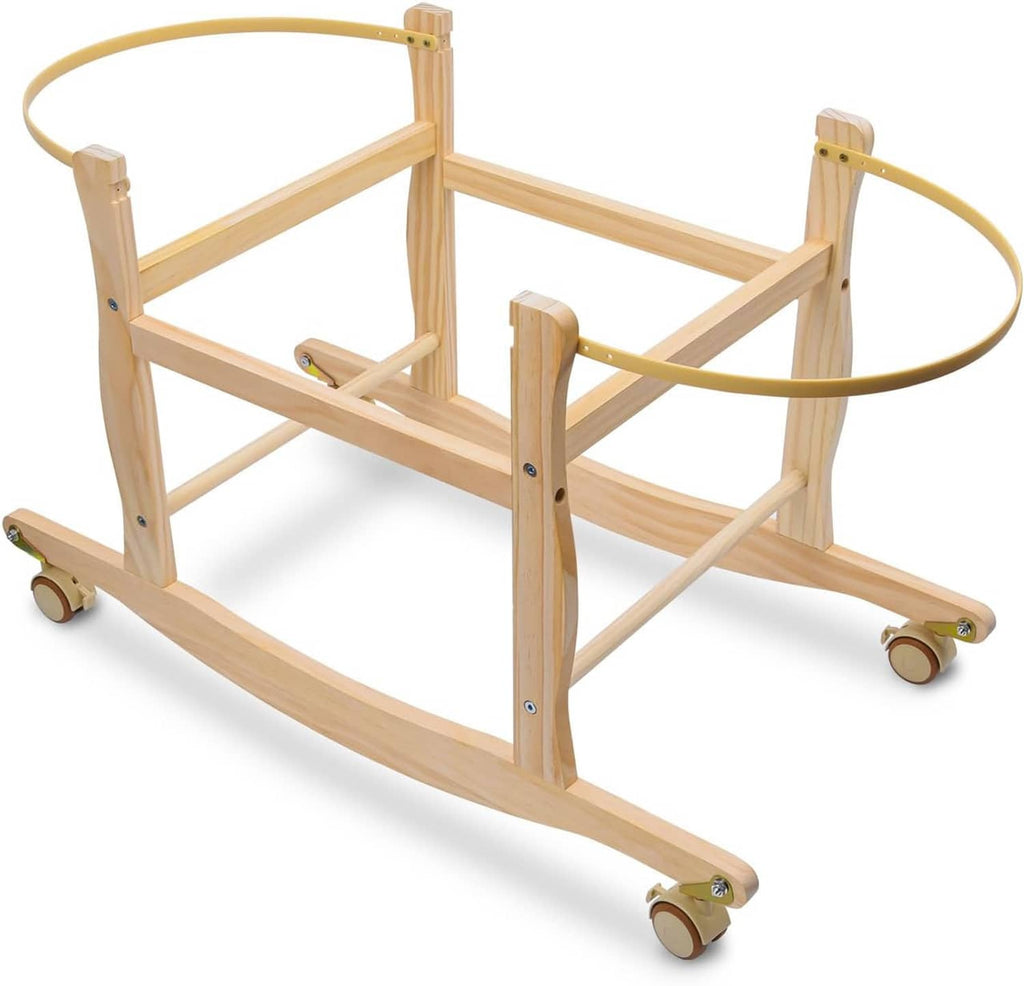Wooden rocking Moses basket stand with curved base and four caster wheels