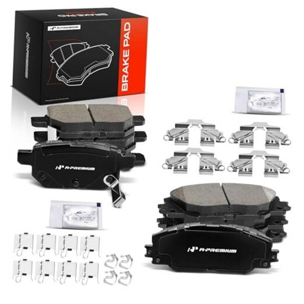 Front and rear ceramic brake pad set with hardware and installation clips