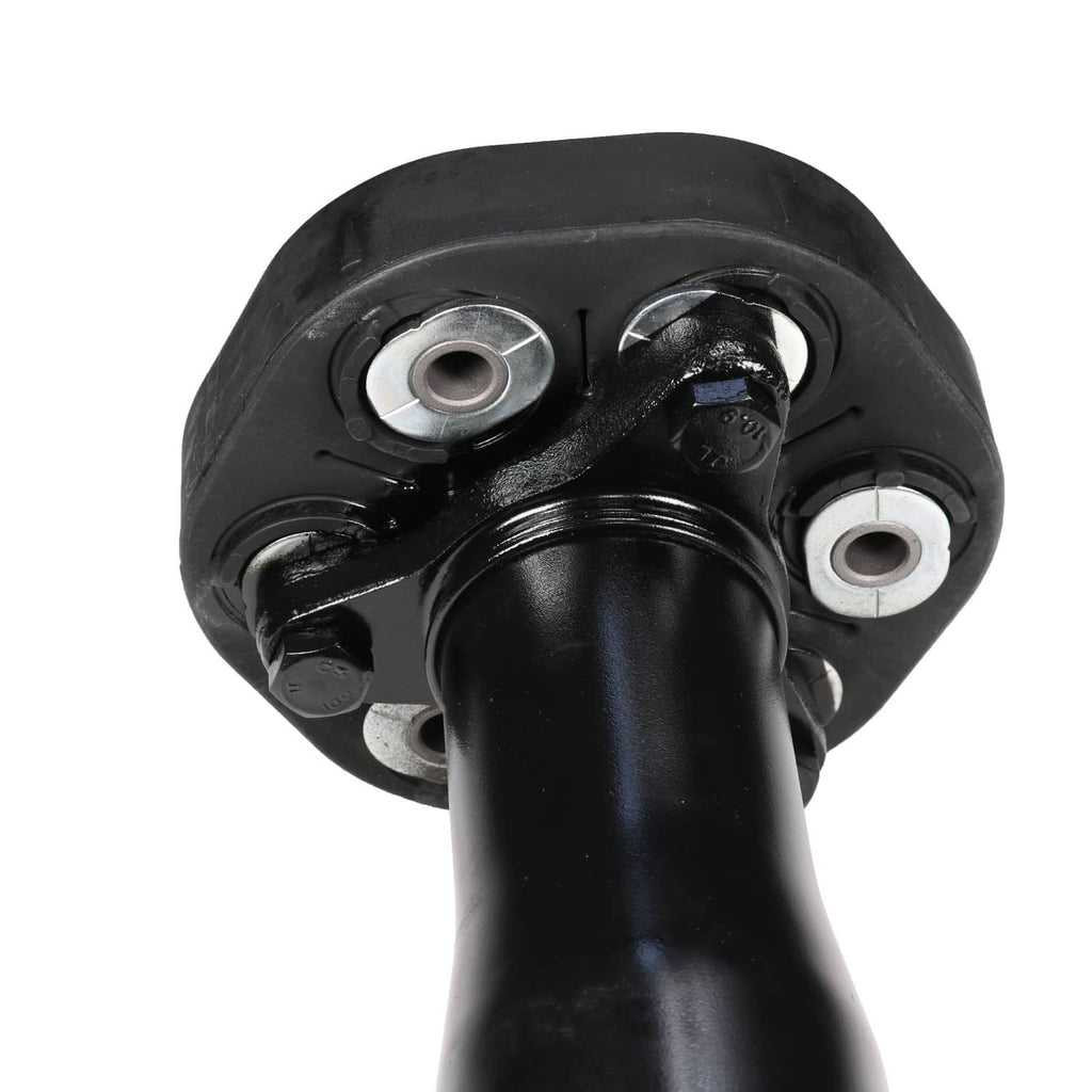 Rear drive propeller shaft with black mounting flange and metal bearing caps