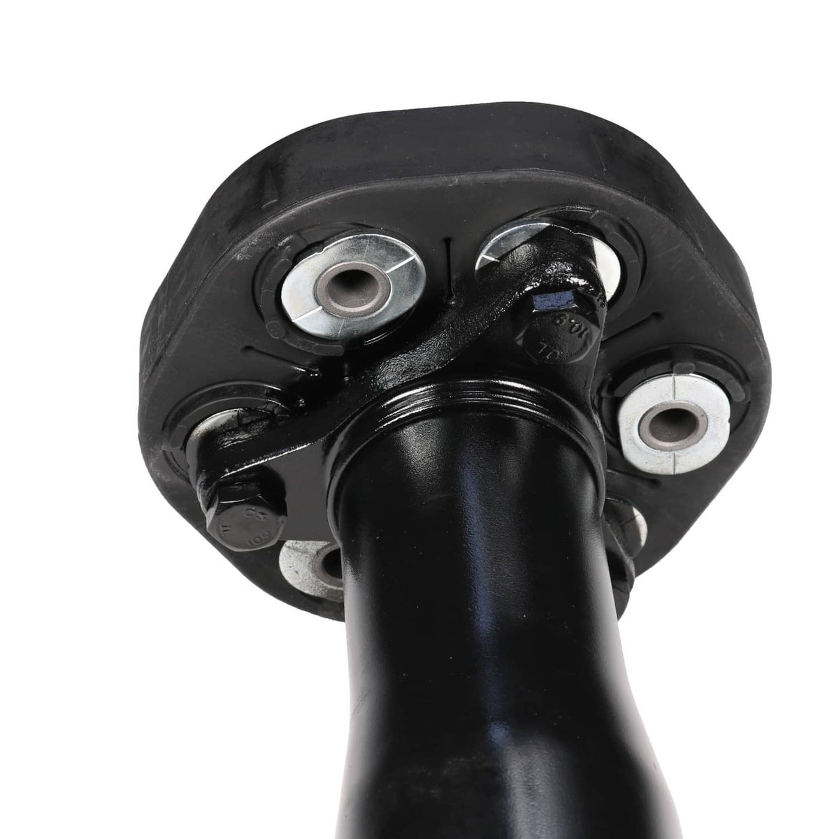 Rear drive propeller shaft with black mounting flange and metal bearing caps
