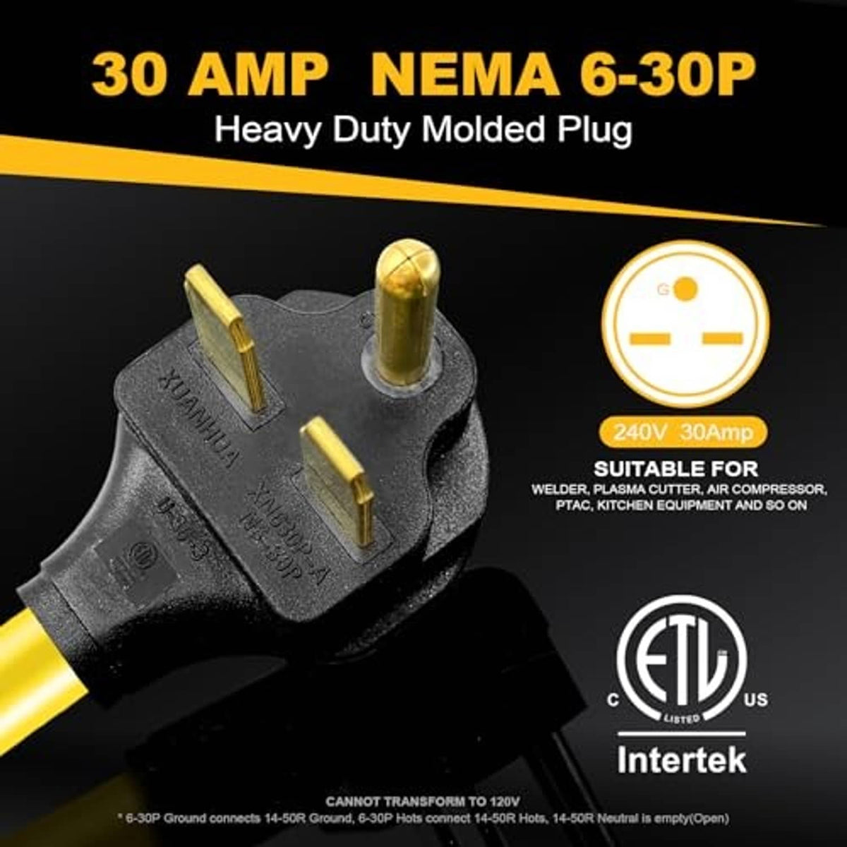 NEMA 6-30P heavy-duty molded male plug on yellow EV charger adapter cord