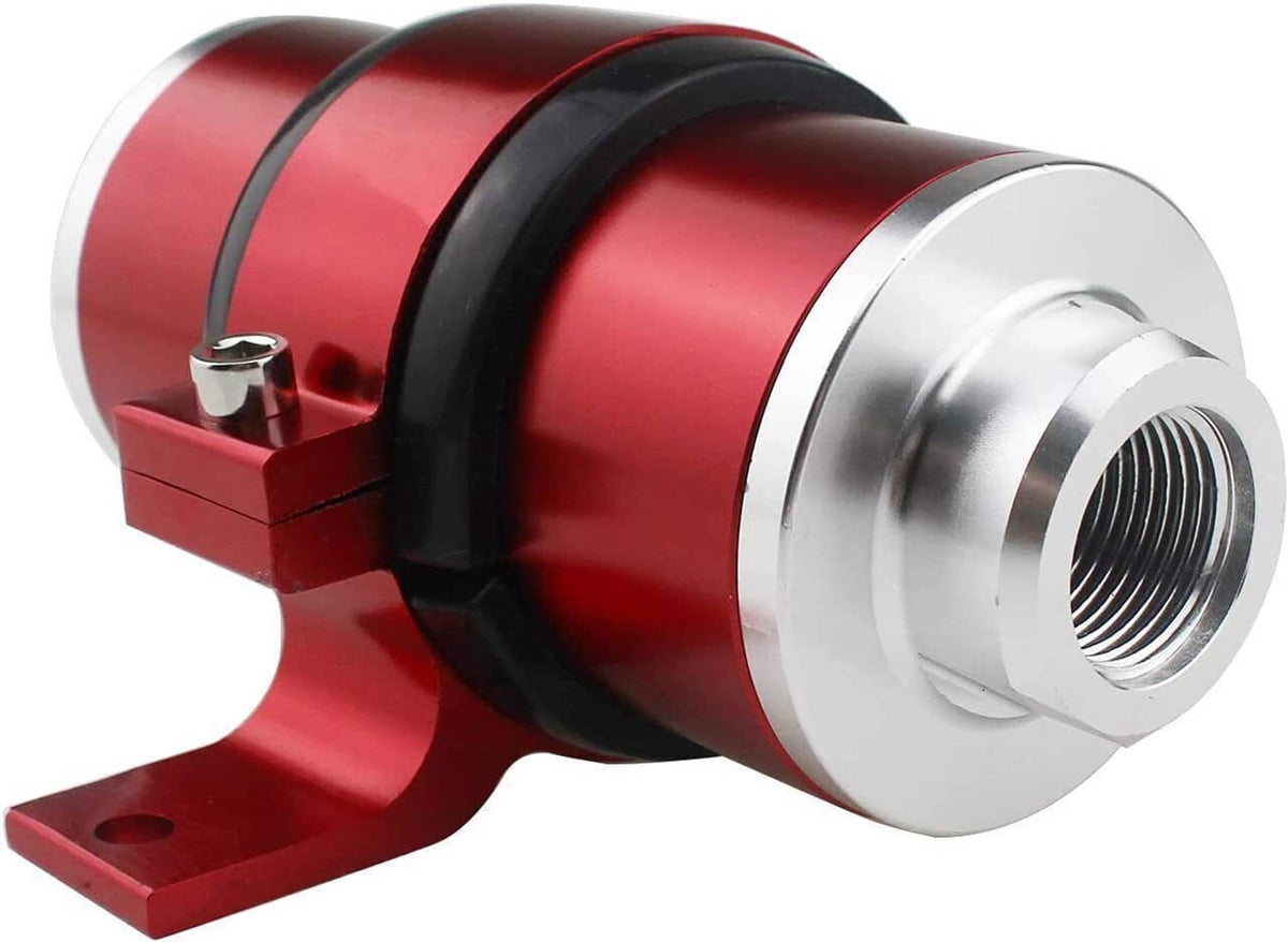 Red inline fuel filter with black band and silver outlet port, side view