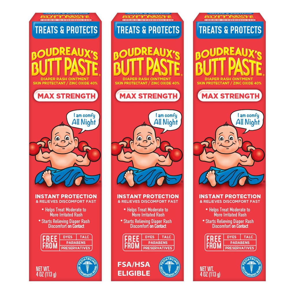 Boudreaux’s Butt Paste Max Strength diaper rash ointment, red 3-pack cartons.
