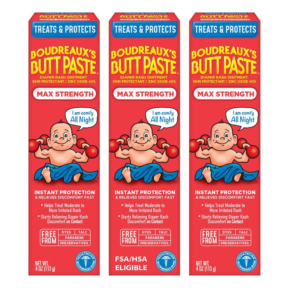 Boudreaux’s Butt Paste Max Strength diaper rash ointment, red 3-pack cartons.