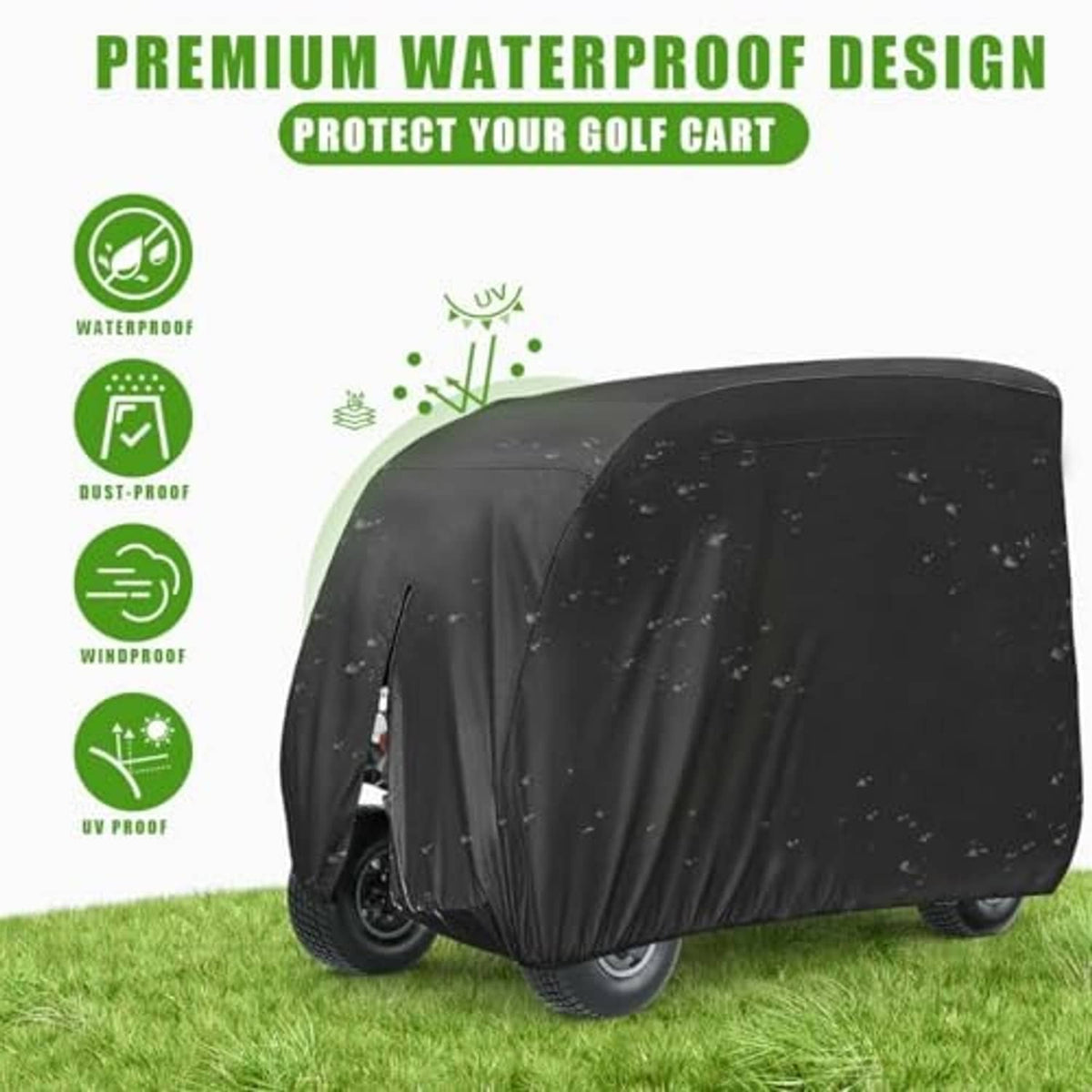 Premium waterproof golf cart cover with UV and dust protection and snug fitted hood