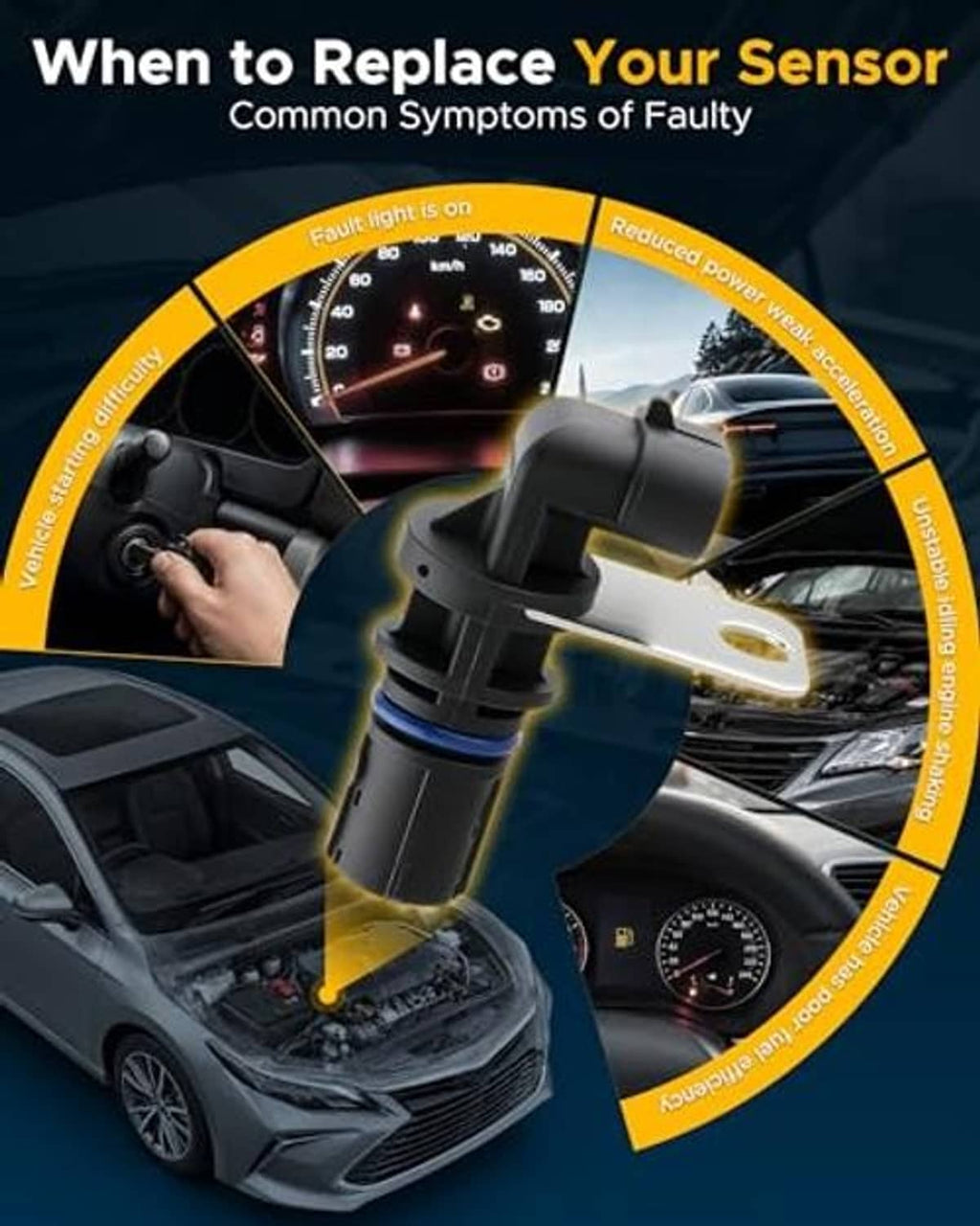Crankshaft position sensor with dashboard symptom diagram and replacement timing graphic
