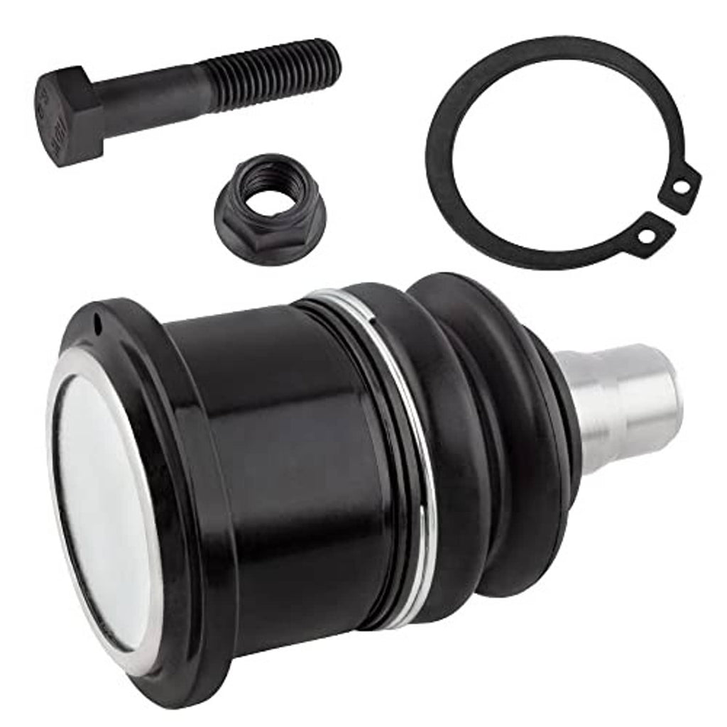 Front upper ball joint with black boot, silver pin, and nut, bolt, and large retaining ring