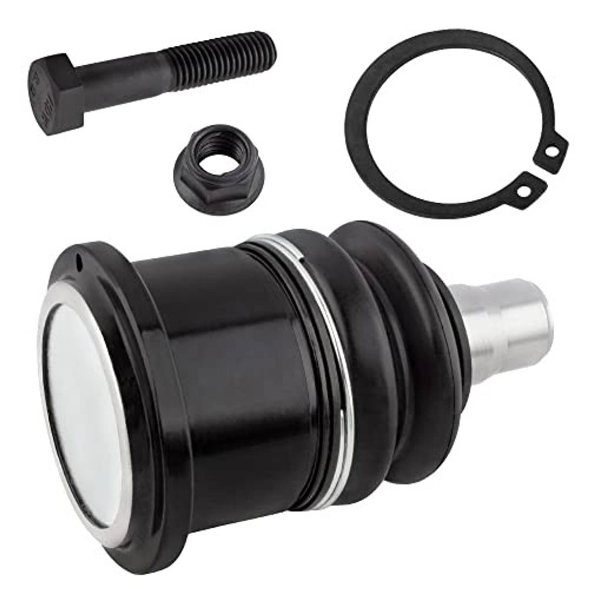 Front upper ball joint with black boot, silver pin, and nut, bolt, and large retaining ring