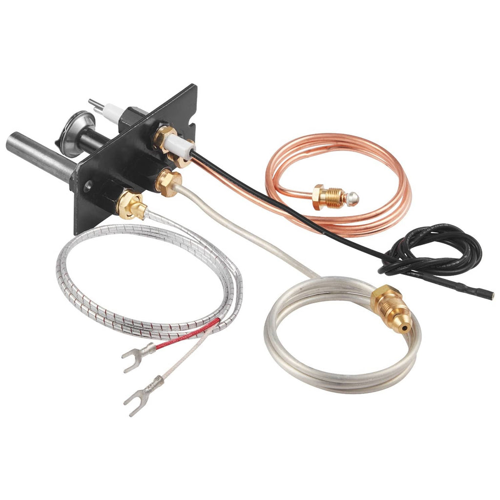 Natural gas pilot ignition assembly kit with black bracket, copper tubing, braided wires, and leads