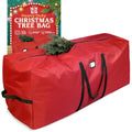 Red waterproof Christmas tree storage bag with black handles and card slot