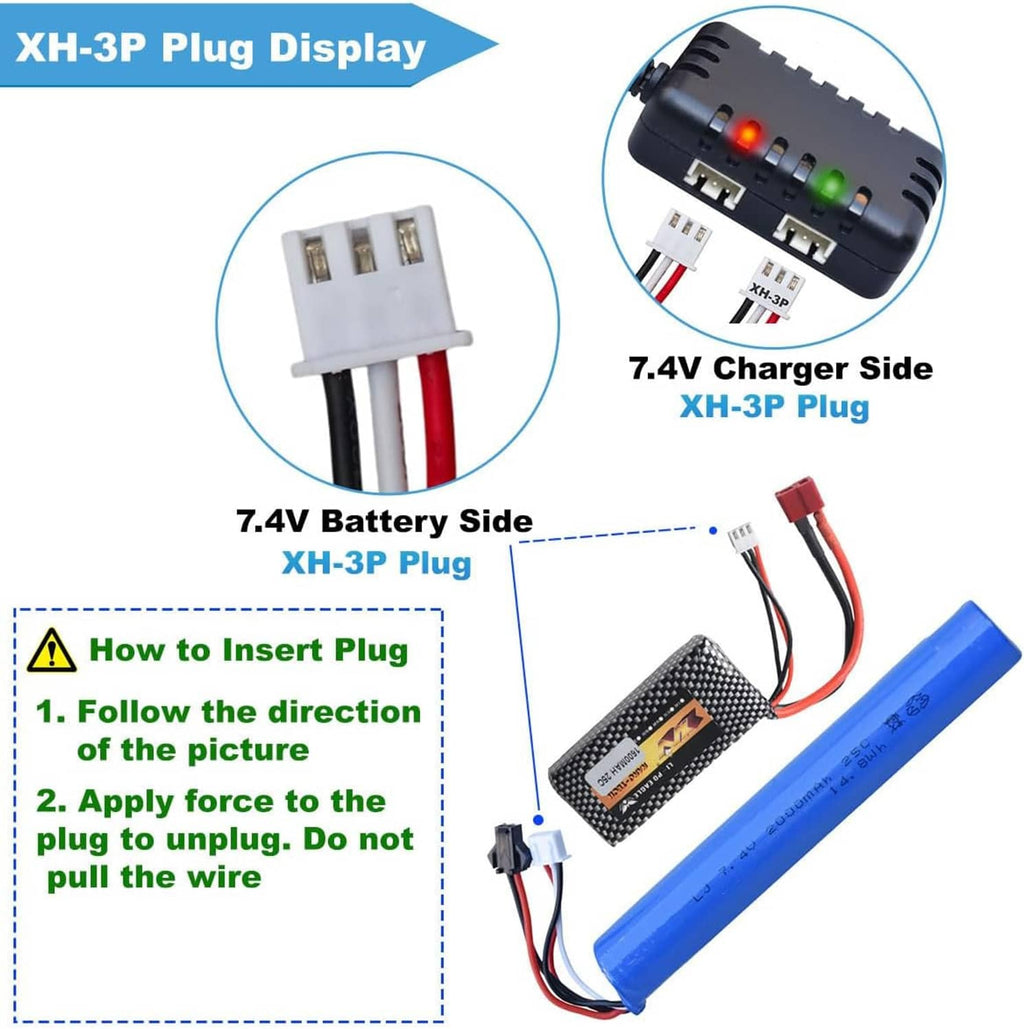XH-3P plug and 7.4V battery connector cable shown with charger input side