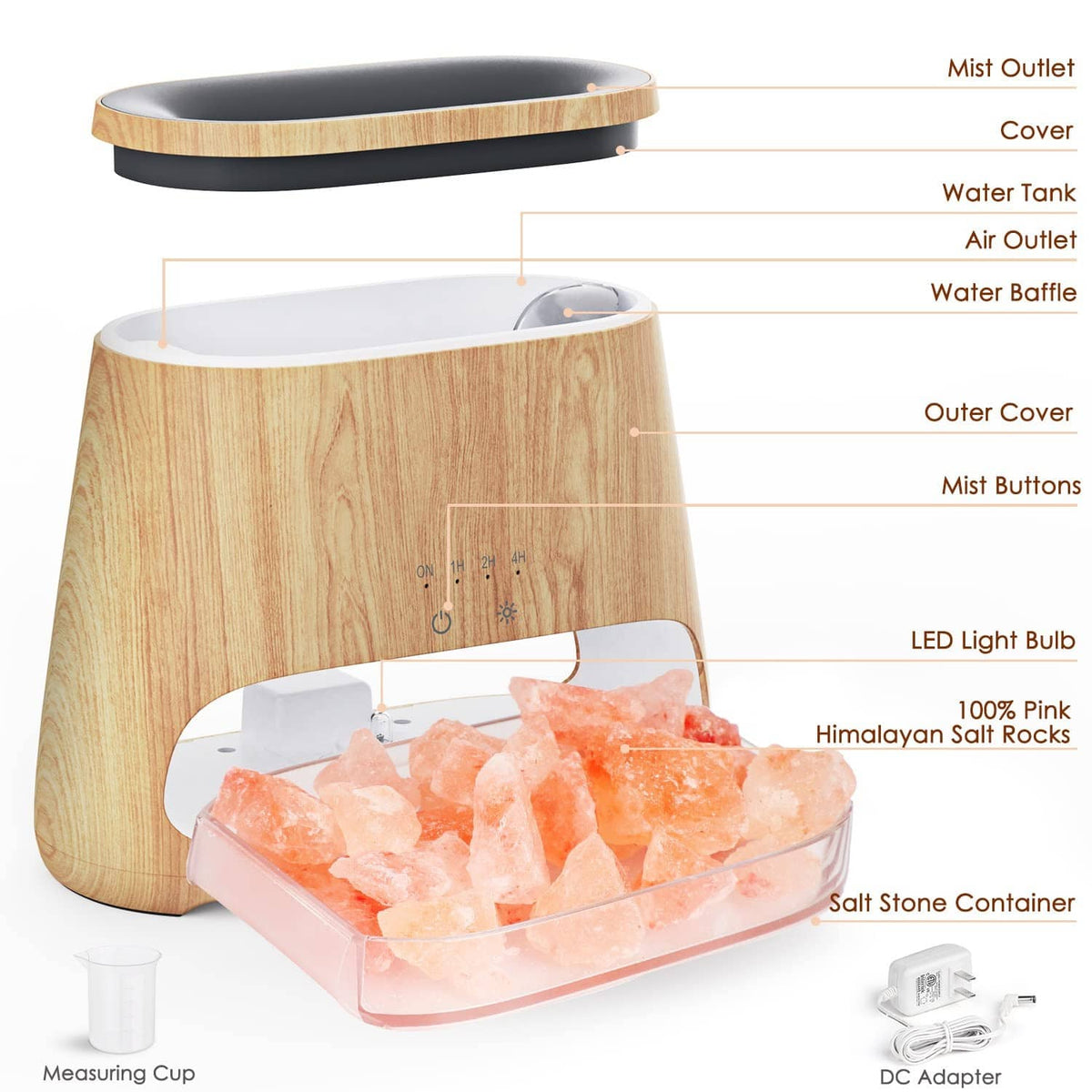 Wood-grain salt lamp diffuser with salt stone container and visible pink crystal bed