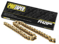 Gold motorcycle drive chain on display, with packaging box included