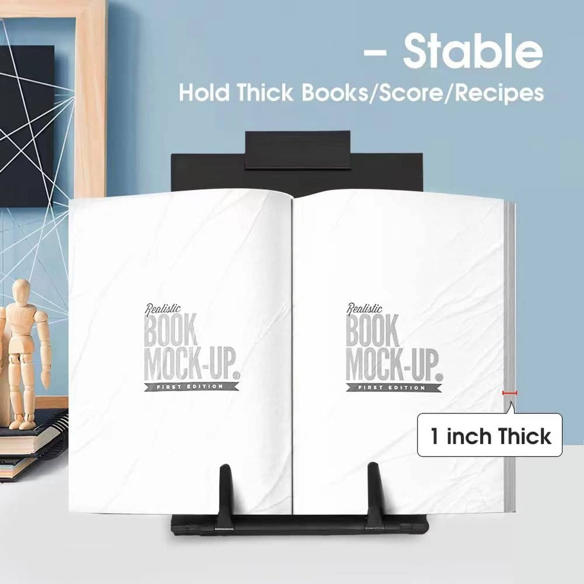 Black document holder stand holding thick stacked pages with front support pegs
