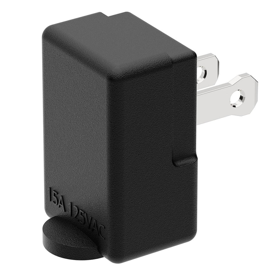 Black side view of upward angled 2-prong AC adapter body