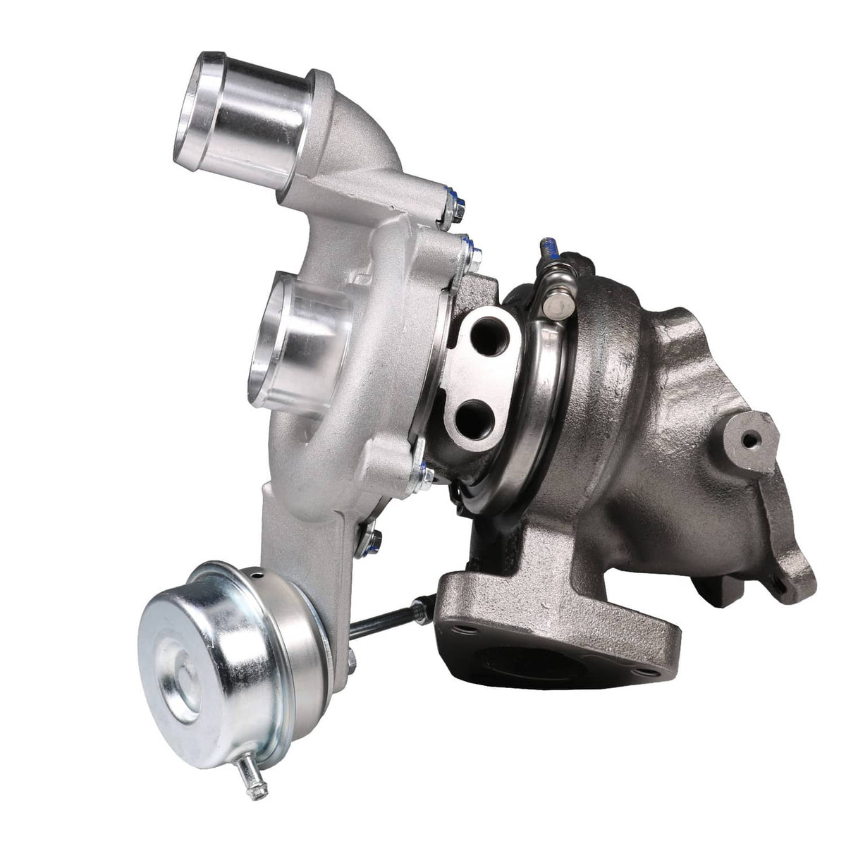 Turbocharger assembly with silver inlet and compressor housing, black turbine side, actuator