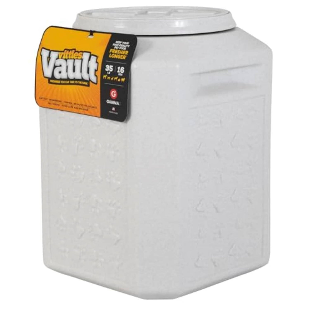 White sealed pet food storage container with screw-top lid