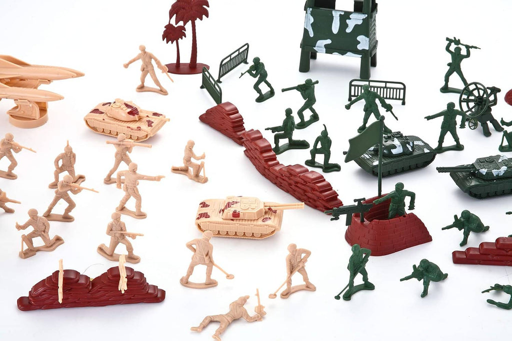 Close view of soldier figures with green vehicles, red barricades, and tan tank and people