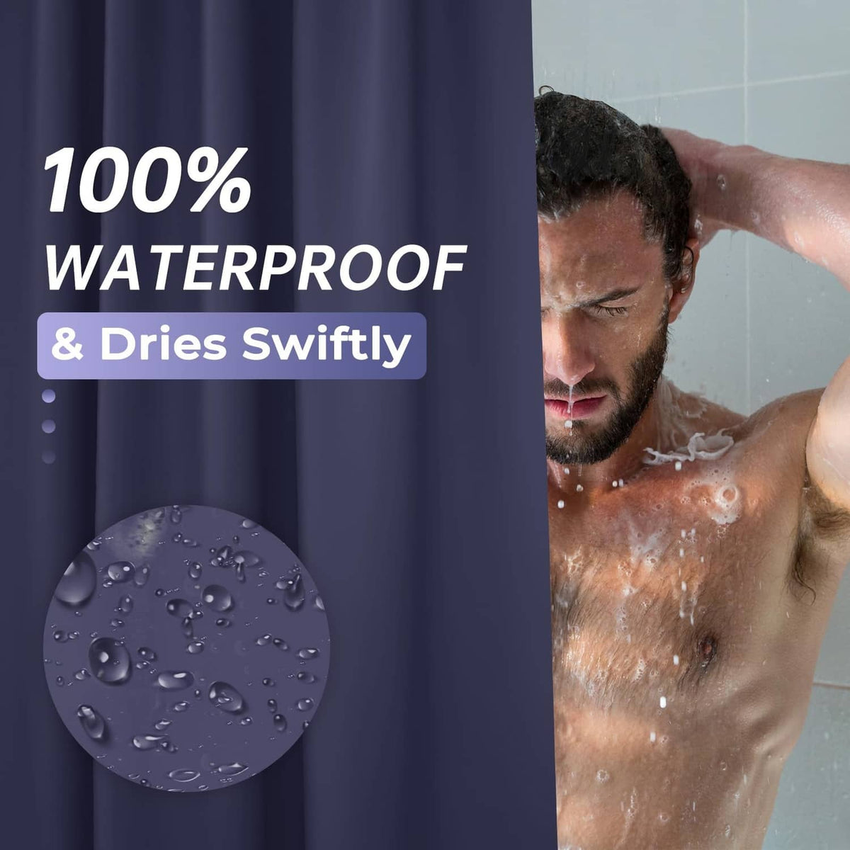 Navy blue waterproof shower curtain with water droplets on the fabric surface.