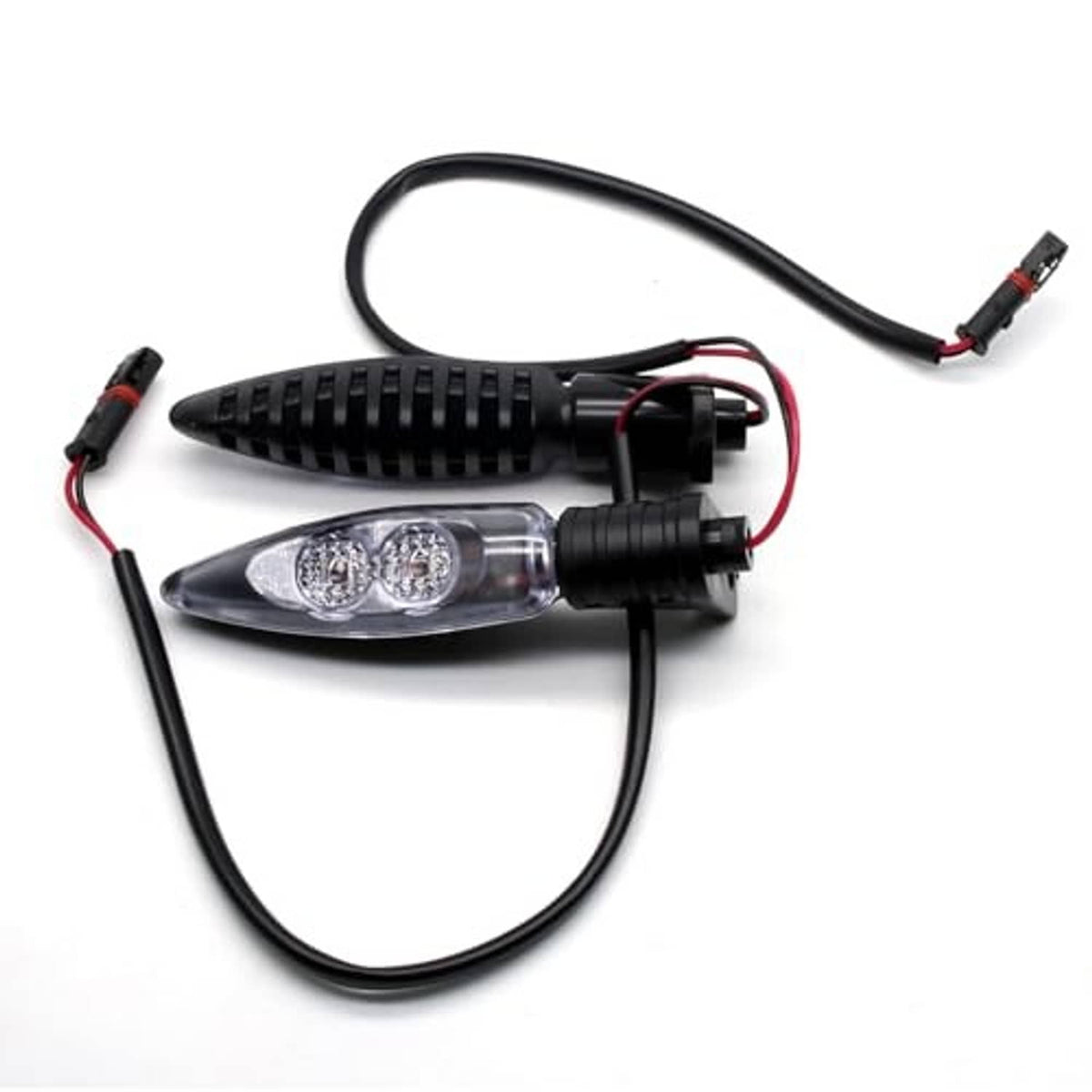 Motorcycle front LED turn signal indicator light with clear lens and black housing, wired