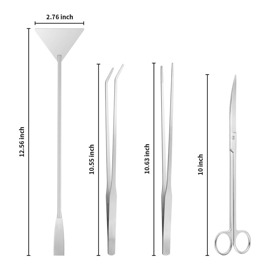 Aquarium terrarium tool set with 4 silver tools, shown with size measurements