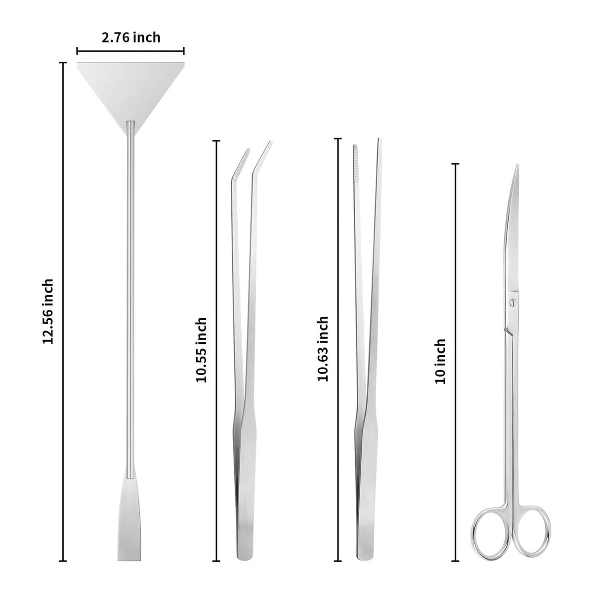 Aquarium terrarium tool set with 4 silver tools, shown with size measurements