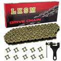 Gold motorcycle roller drive chain with 130 links and chain breaker tool