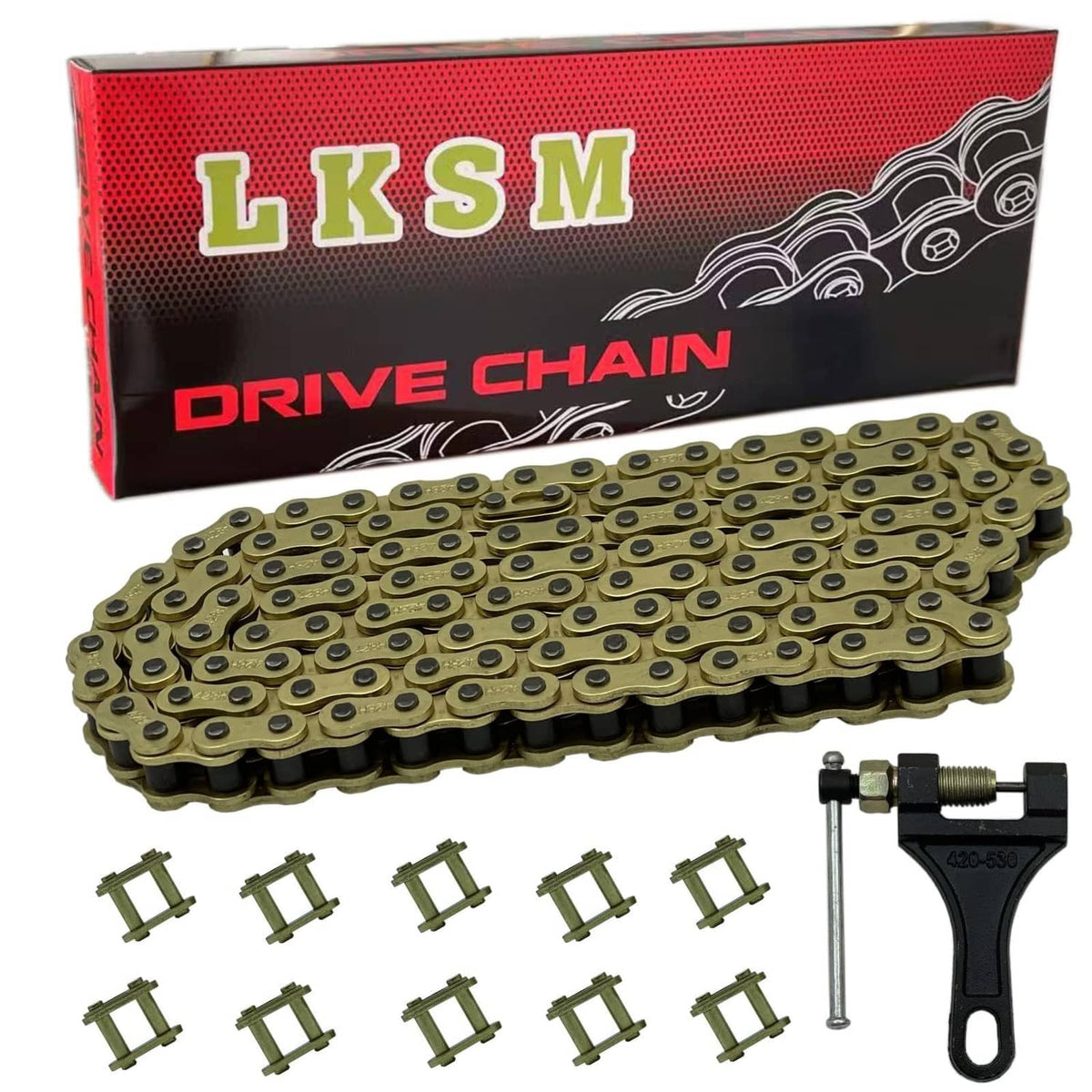 Gold motorcycle roller drive chain with 130 links and chain breaker tool
