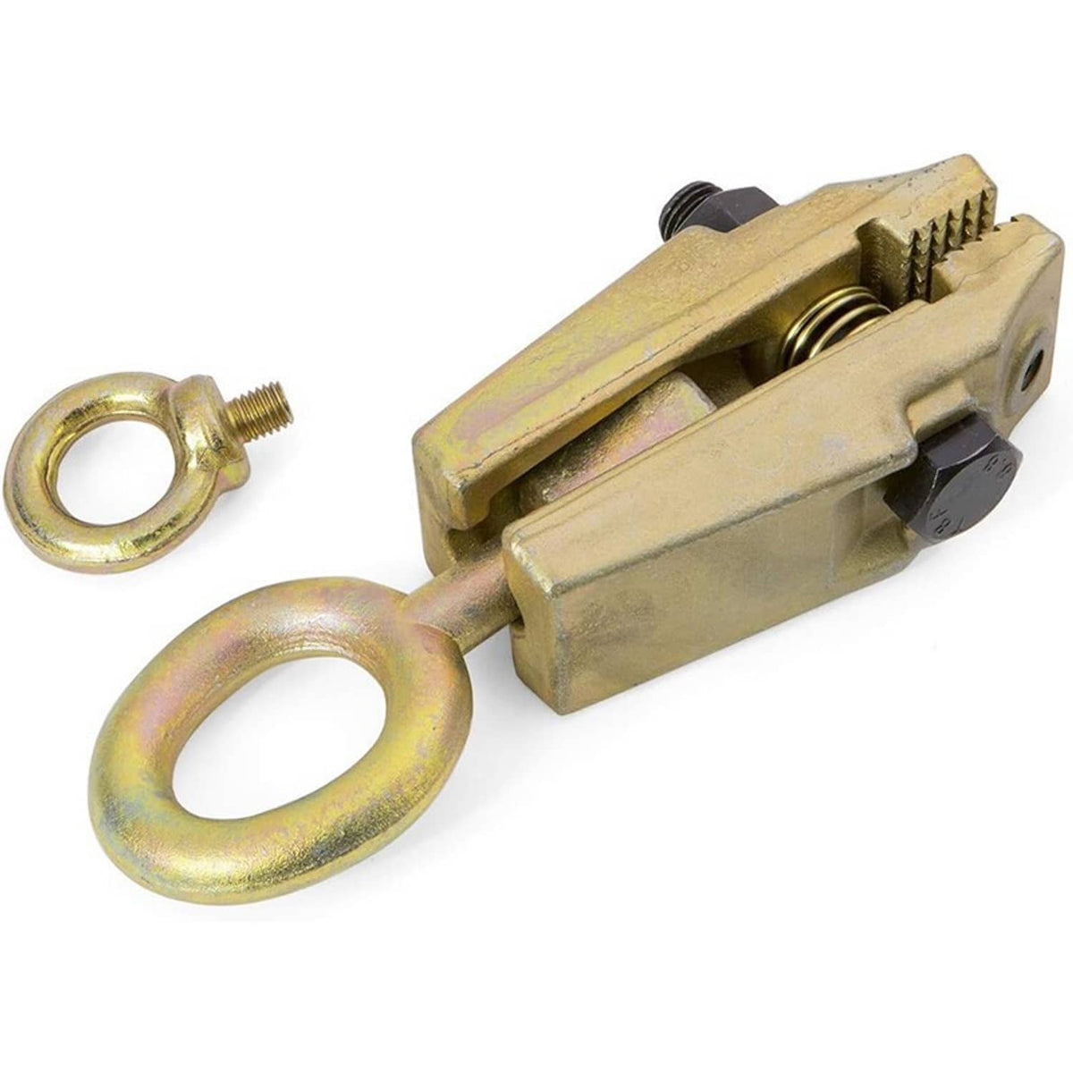 Auto body pull clamp tool with self-tightening grips and two anchor rings, gold tone.