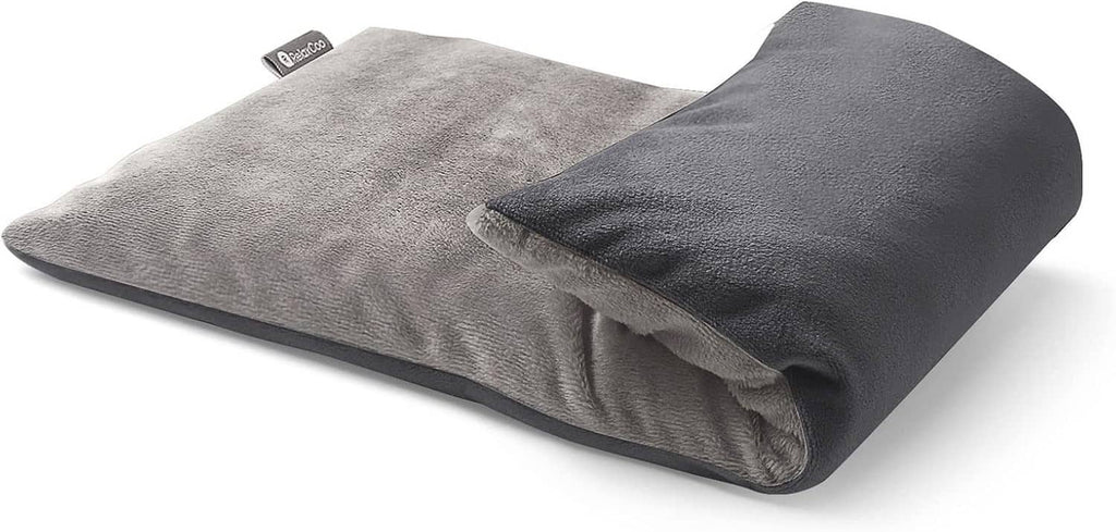 Folded grey microwavable heating pad with washable cover and visible inner seam
