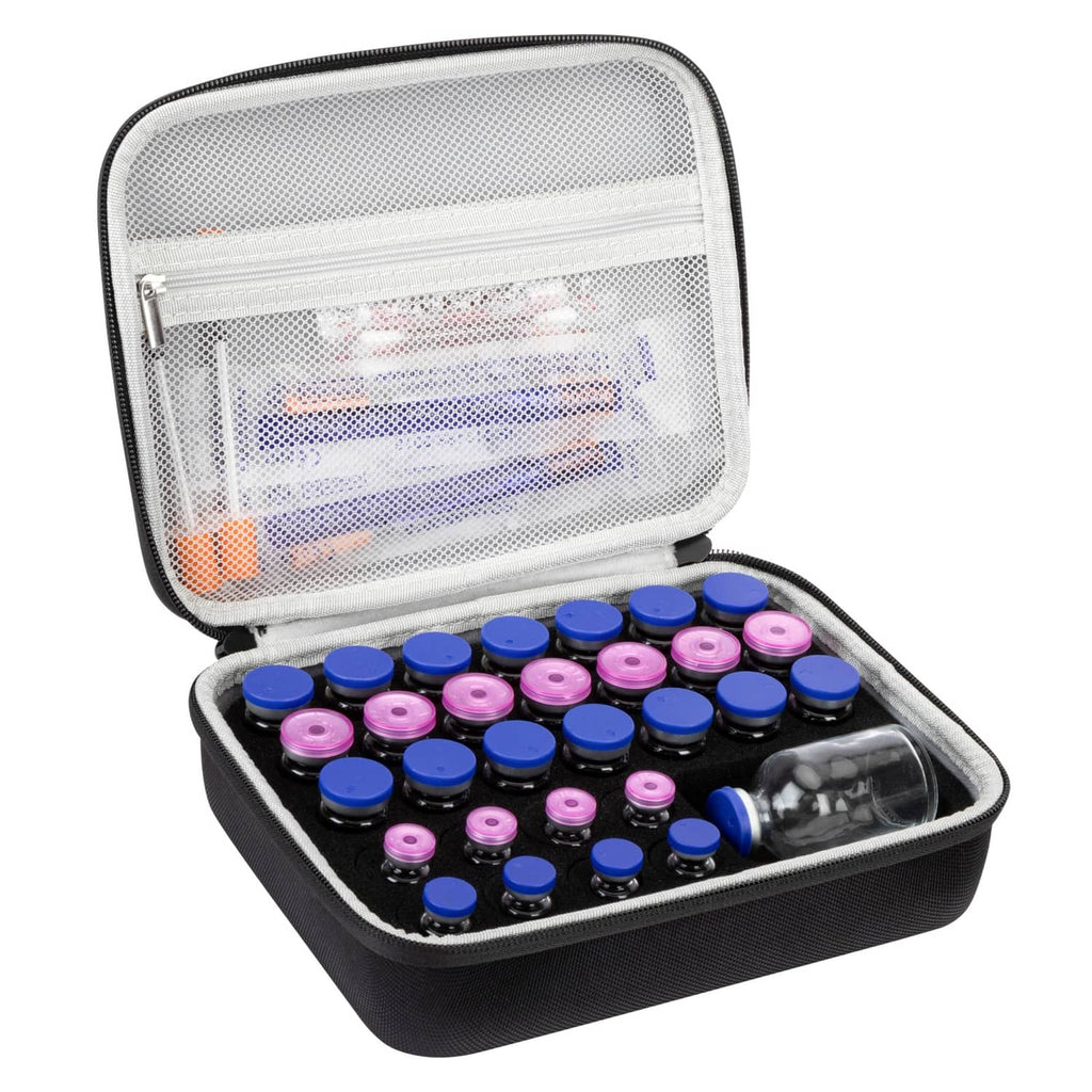 Black hard peptide case with clear lid and padded interior holding rows of vial caps.