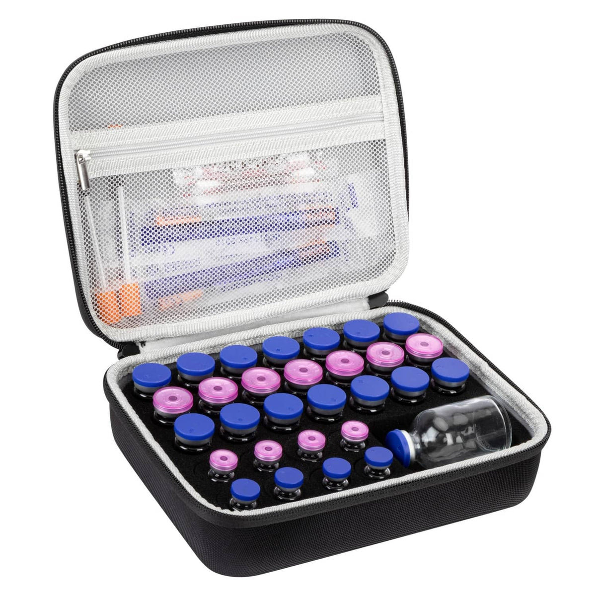Black hard peptide case with clear lid and padded interior holding rows of vial caps.
