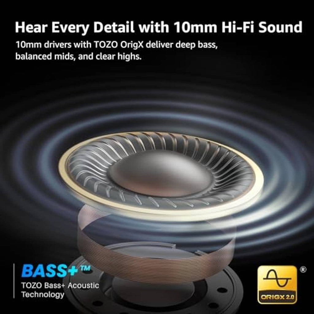 White wireless earbuds with charging case, close view of speaker driver design