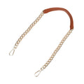 Brown leather purse chain strap with gold links and two metal clip ends