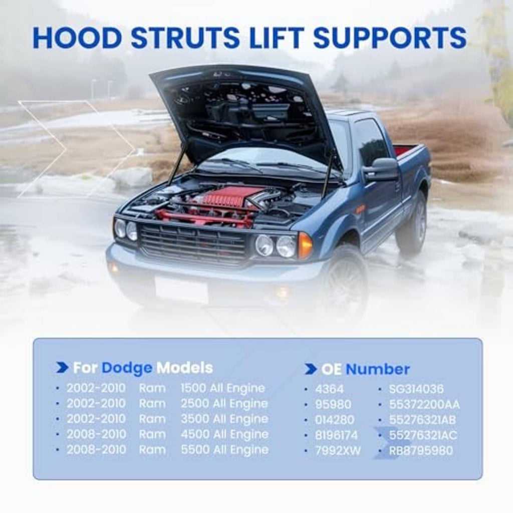Hood strut lift supports shown holding open hood on a pickup