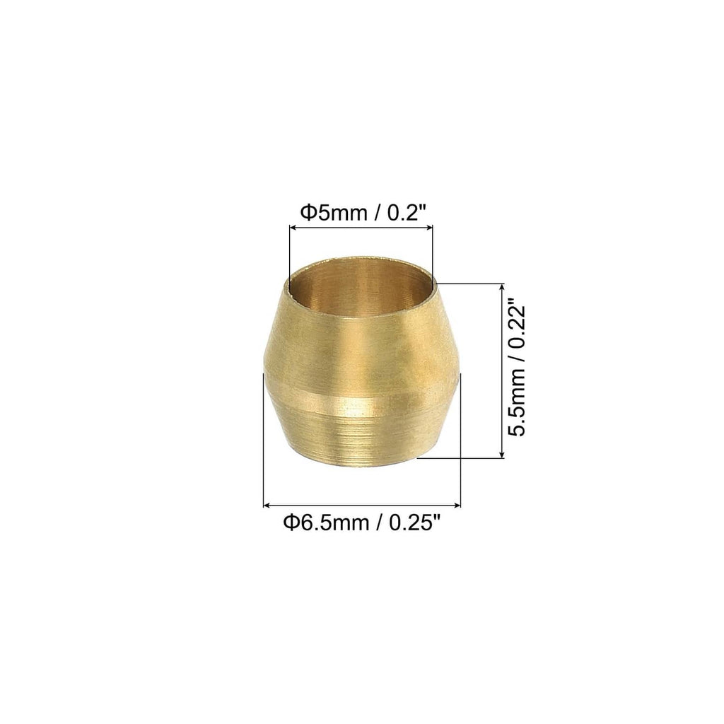 Brass compression sleeve ferrule size diagram: 5.5mm long, 5mm top dia, 6.5mm base dia