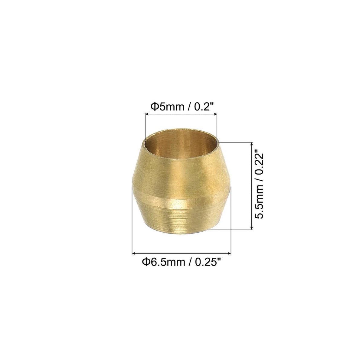 Brass compression sleeve ferrule size diagram: 5.5mm long, 5mm top dia, 6.5mm base dia