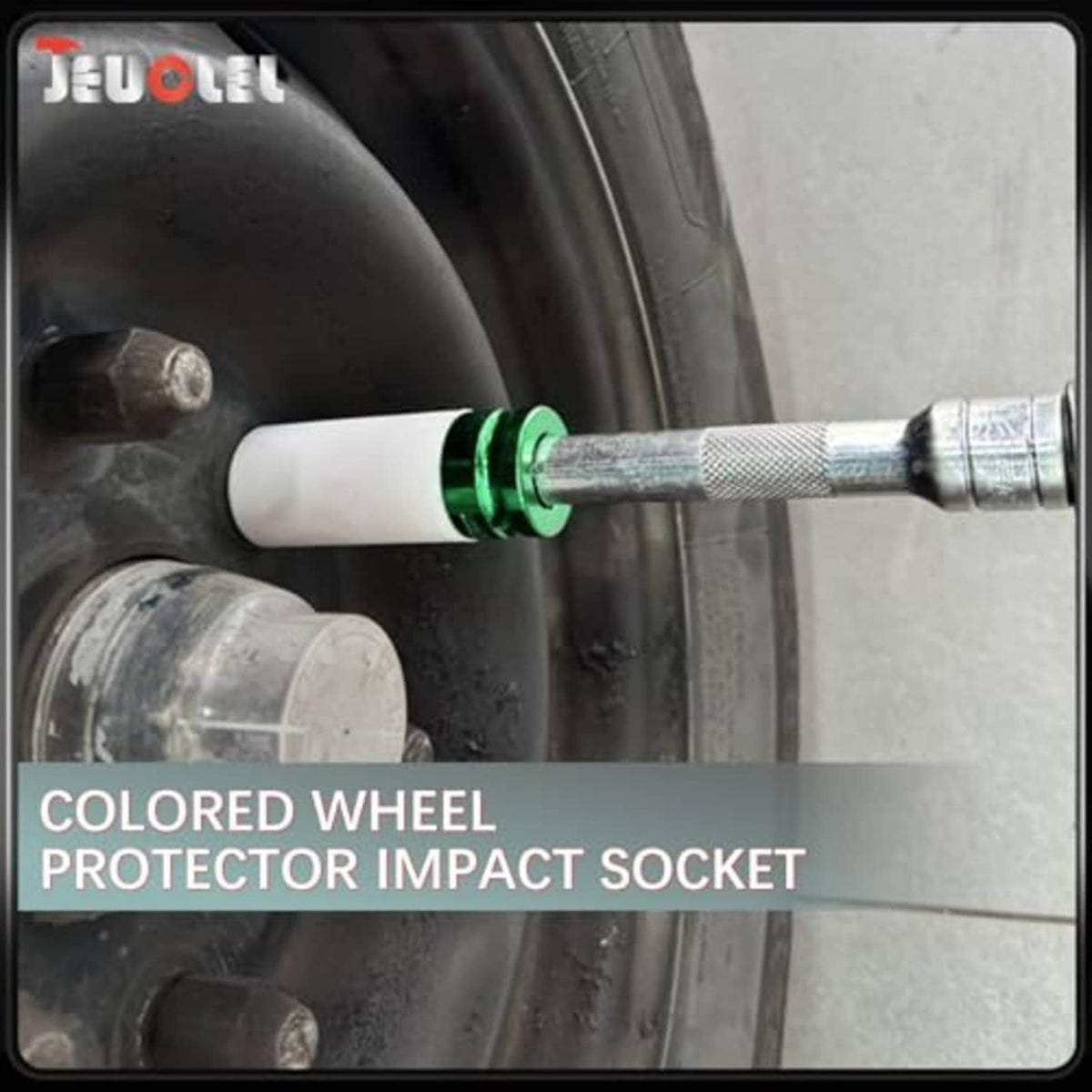 Wheel protector impact socket sleeve, white body with green collar on lug area