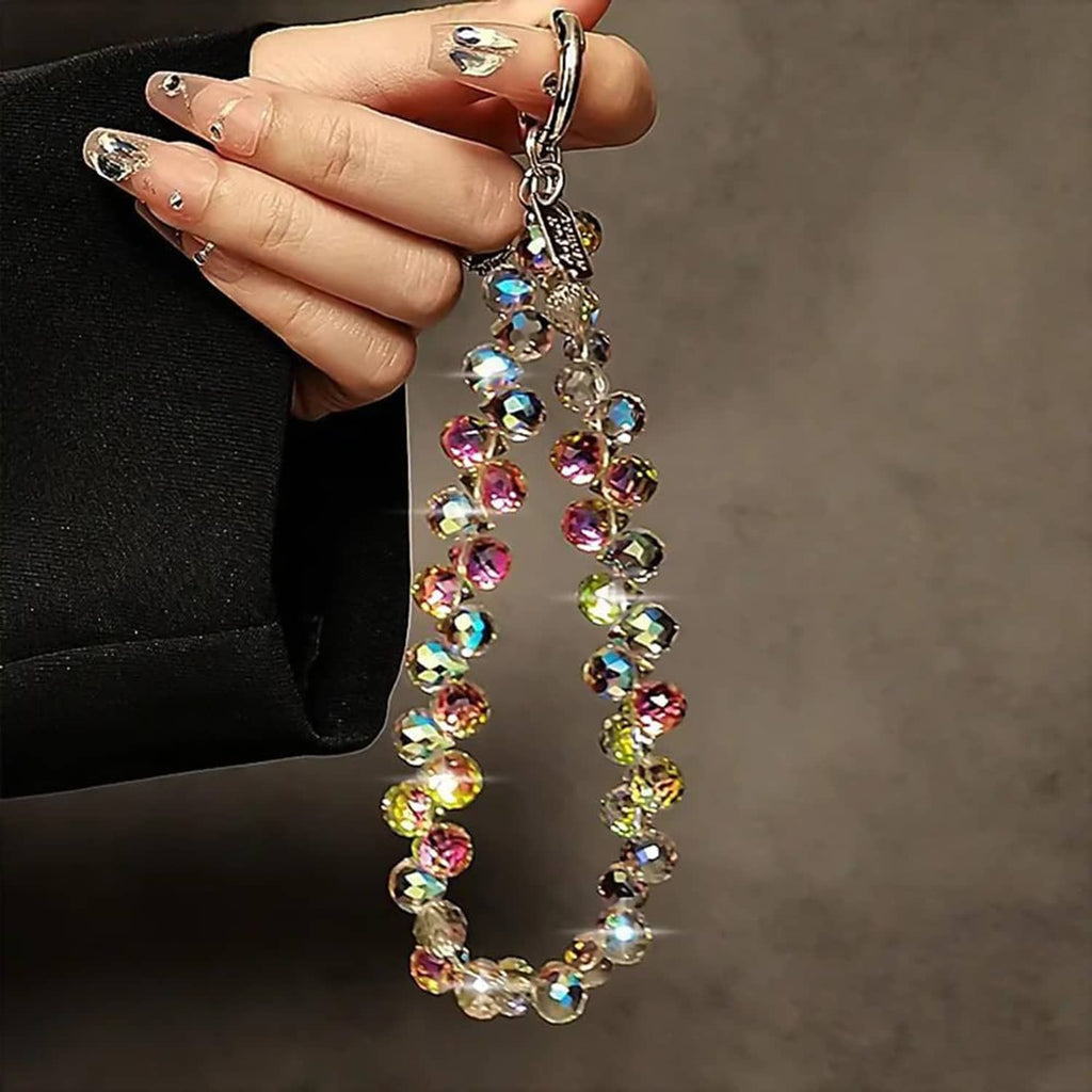 Crystal beaded phone lanyard with multicolor iridescent beads and silver-tone key clip
