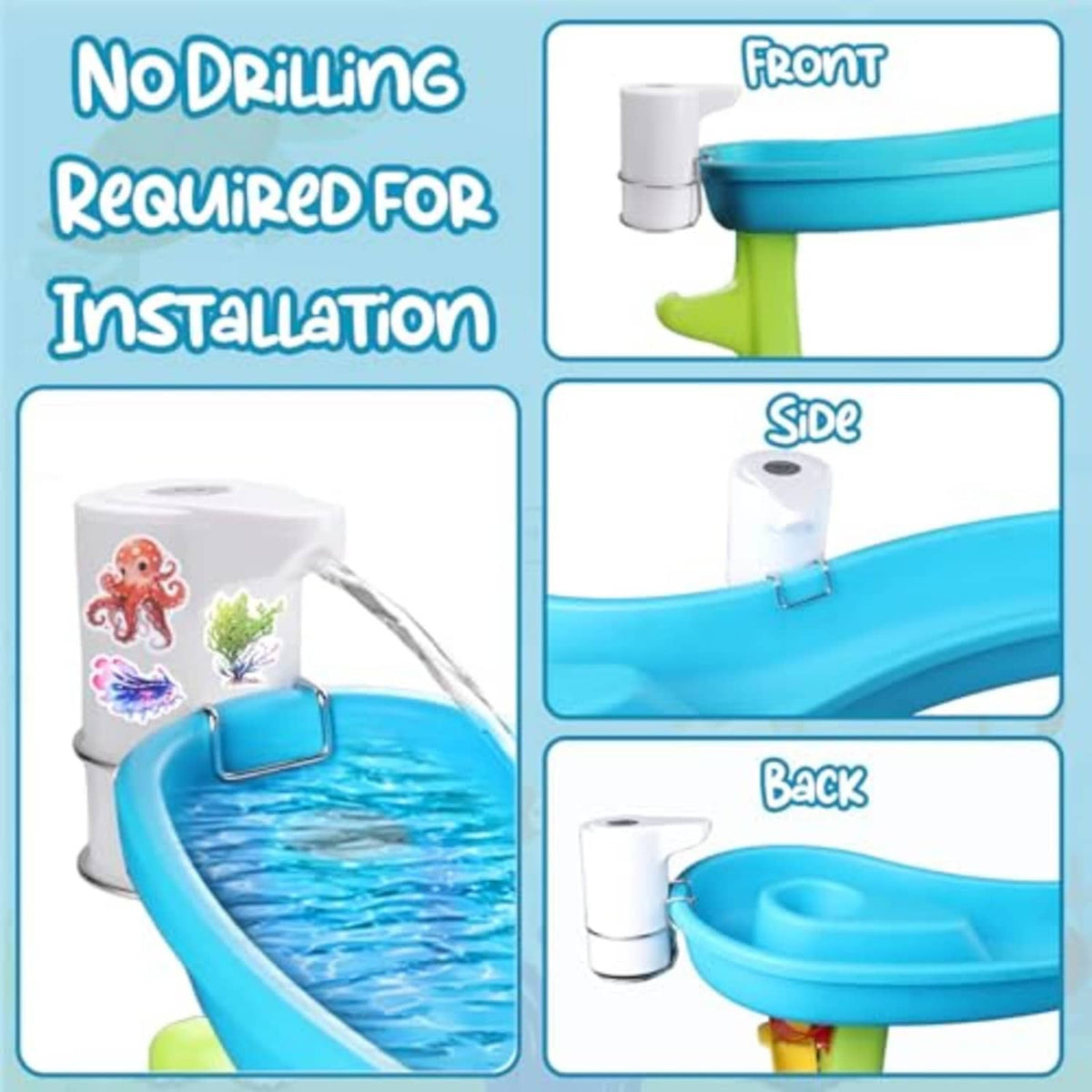 No-drill water table pump views: white unit shown from front, side, and back